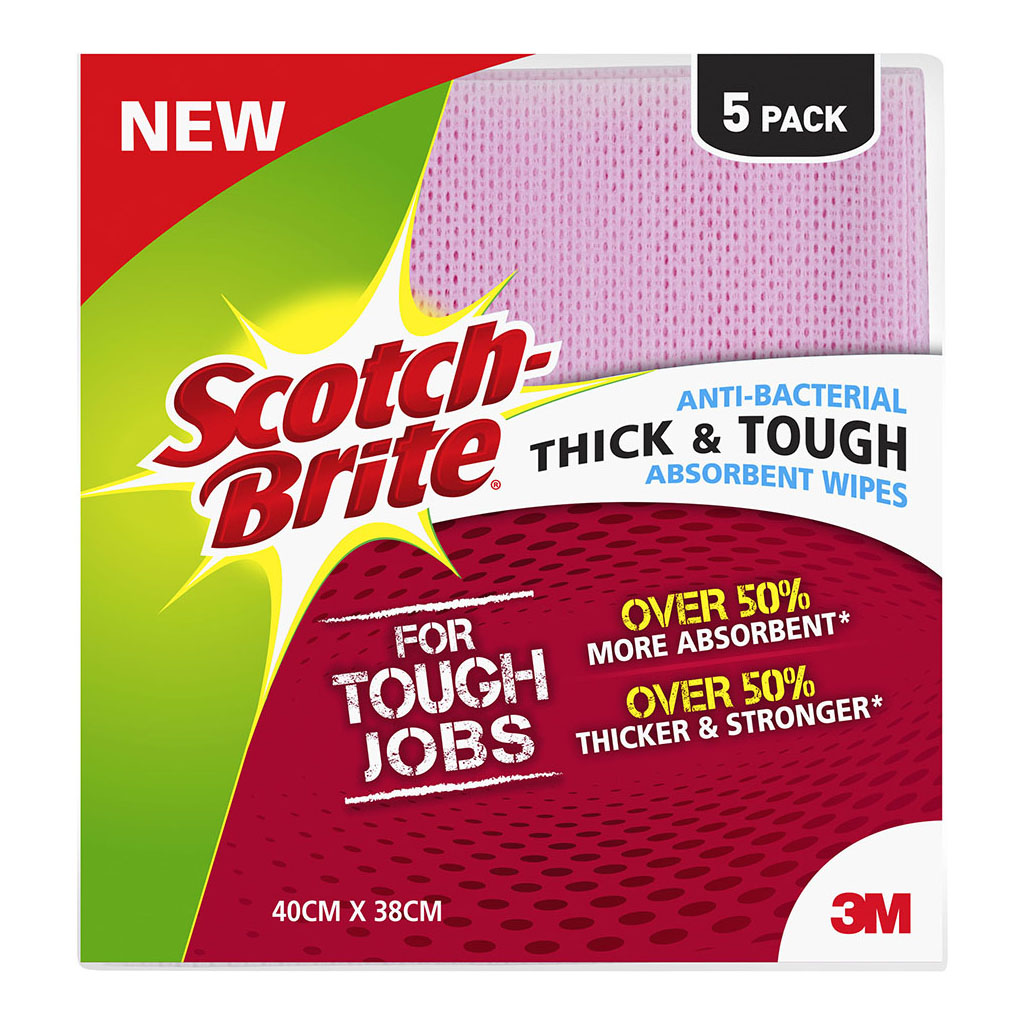 Scotch-Brite Antibacterial Thick and Tough Wipes, Pack of 5