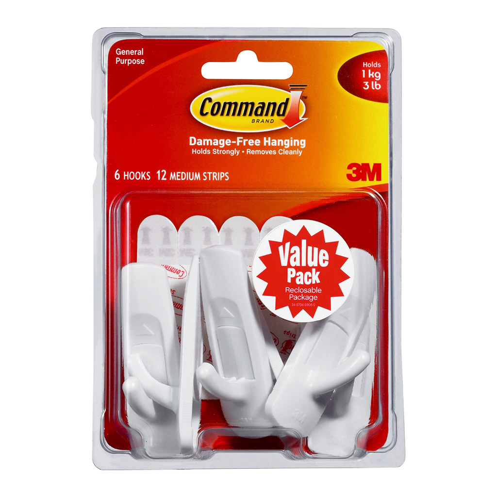 Command Hook 17001-6 Medium White Value, Pack of 6