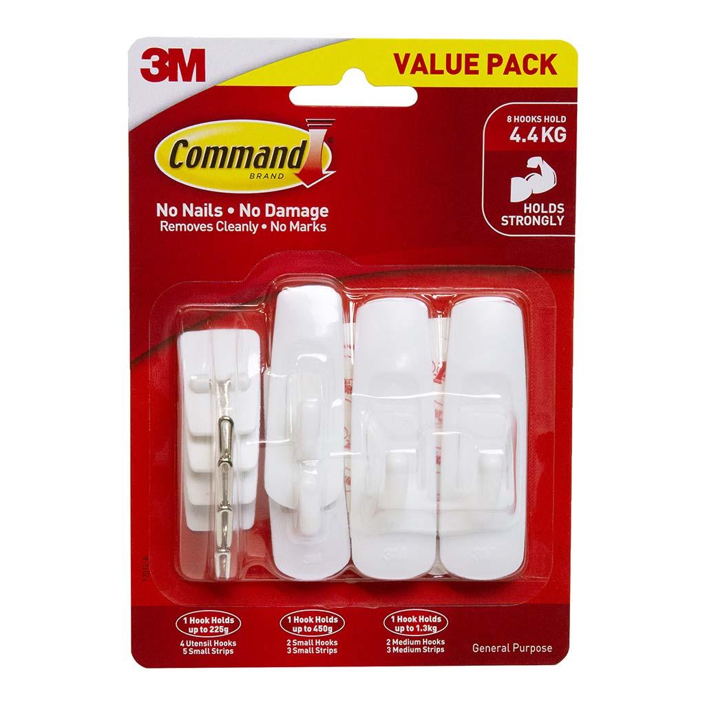 Command Hook 17012-8 Assorted White, Value Pack of 8