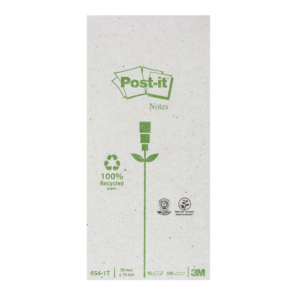 Post-it Recycled Notes 654-RTY 76x76mm Yellow Tower, Pack of 16