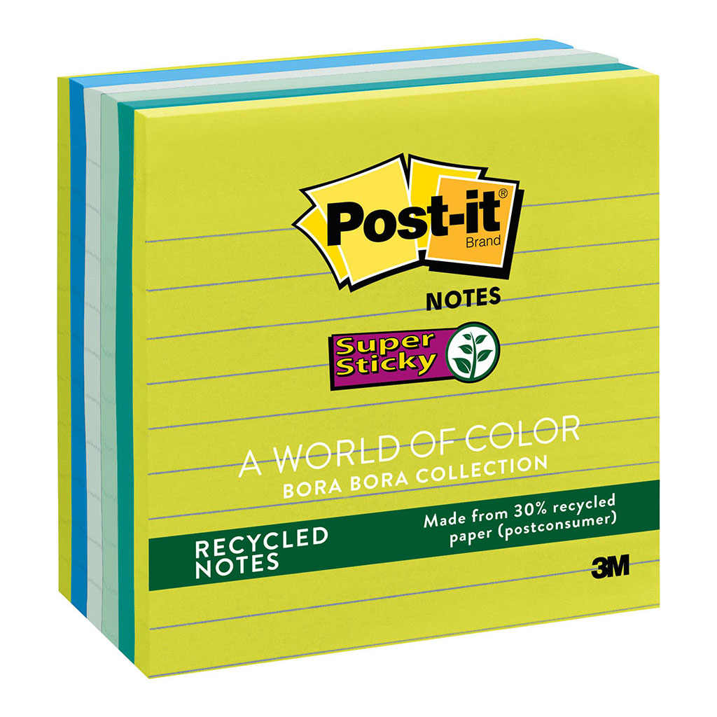 Post-it Recycled Super Sticky Lined Notes 675-6SST 101x101mm Bora Bora, Pack of 6