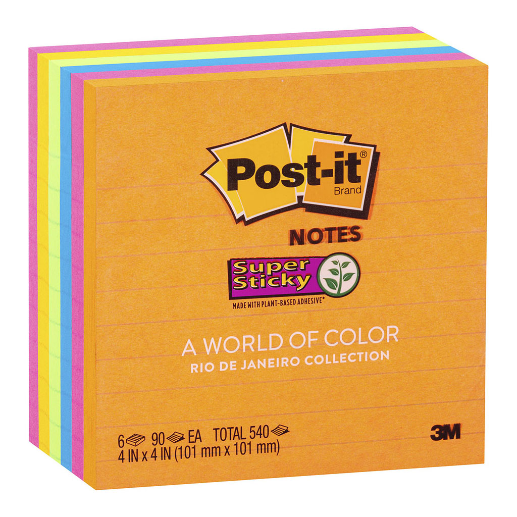 Post-it Super Sticky Lined Notes 675-6SSUC 101x101mm Rio de Janeiro, Pack of 6