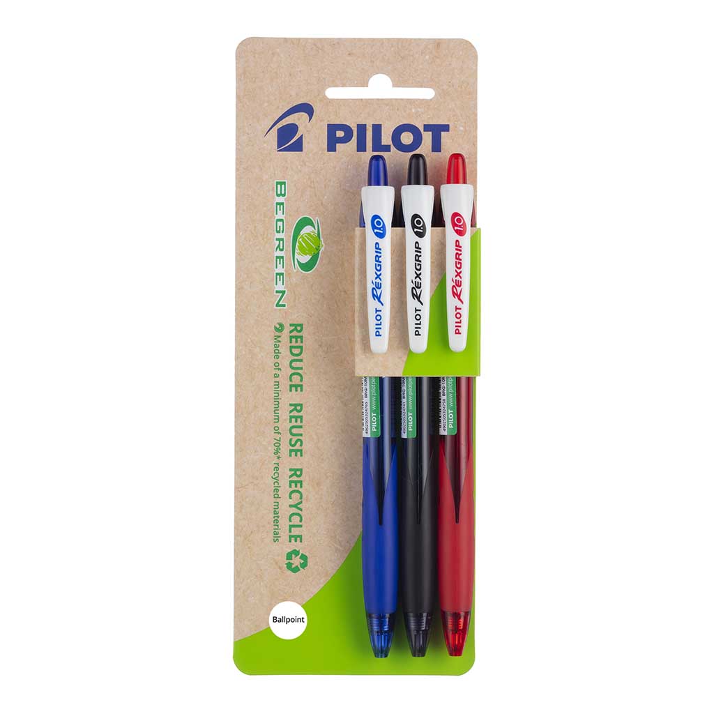 Pilot BeGreen Rexgrip Ballpoint Medium Assorted, Pack of 3 HS