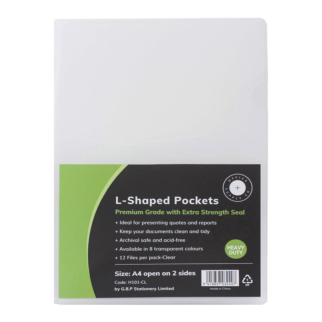 OSC L Shaped Pockets A4 Clear, Pack of 12