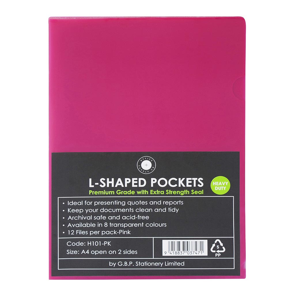 OSC L Shaped Pockets A4 Pink, Pack of 12