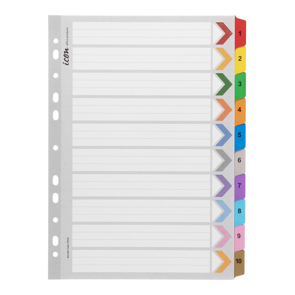 Icon Cardboard Indices with Reinforced Tabs 1-10 Coloured