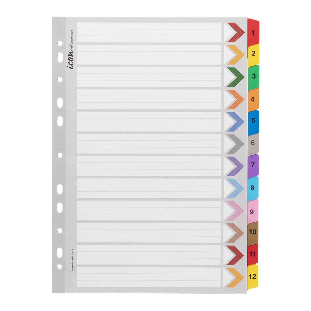 Icon Cardboard Indices with Reinforced Tabs 1-12 Coloured