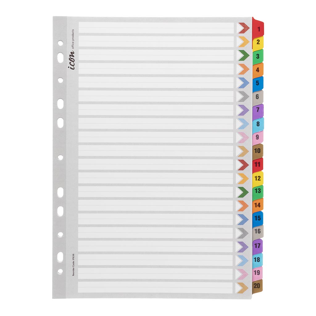 Icon Cardboard Indices with Reinforced Tabs 1-20 Coloured