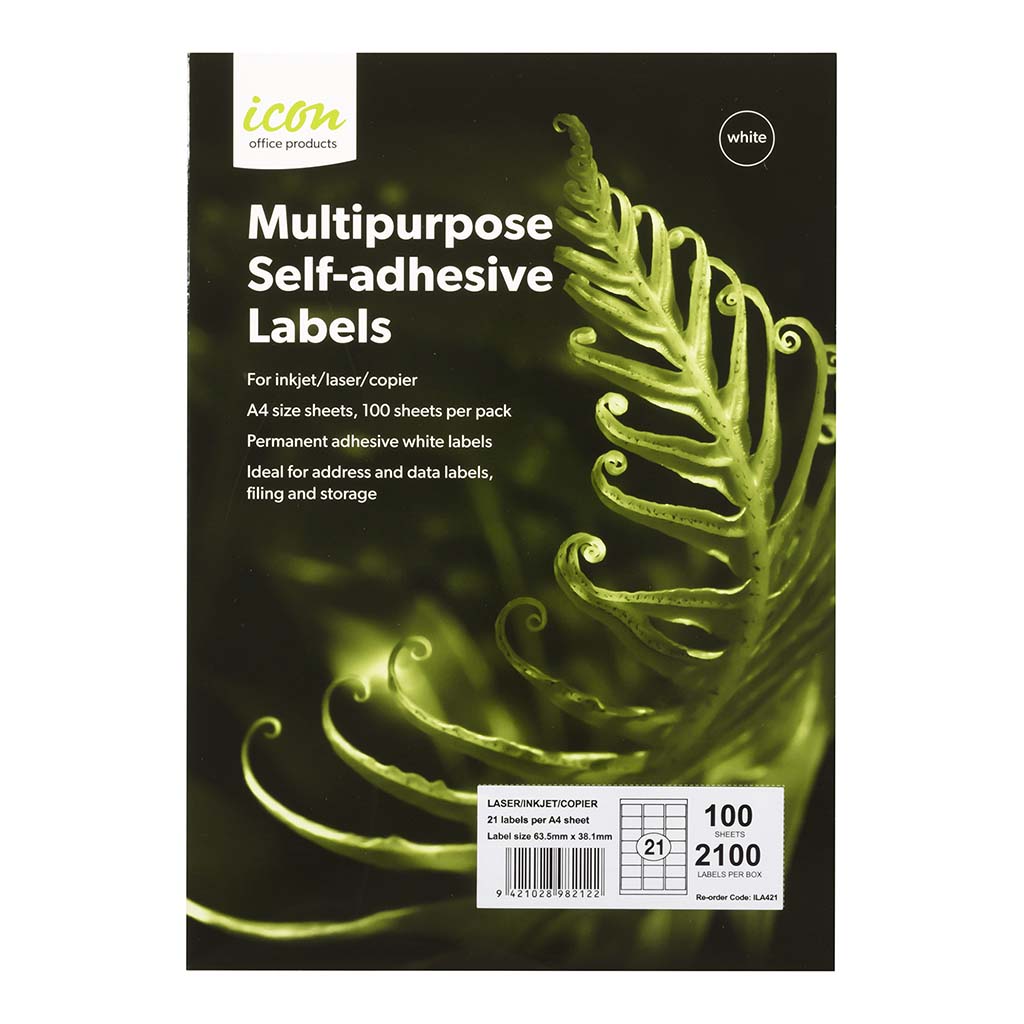 Icon Multipurpose Labels 21 Per Sheet 63.5x38.1mm, Pack of 100