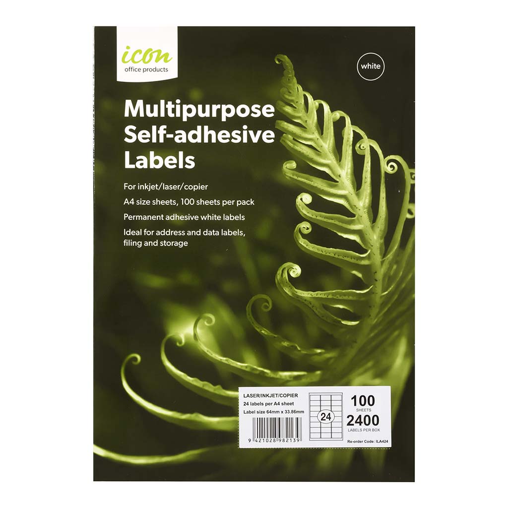 Icon Multipurpose Labels 24 Per Sheet 64x33.86mm, Pack of 100