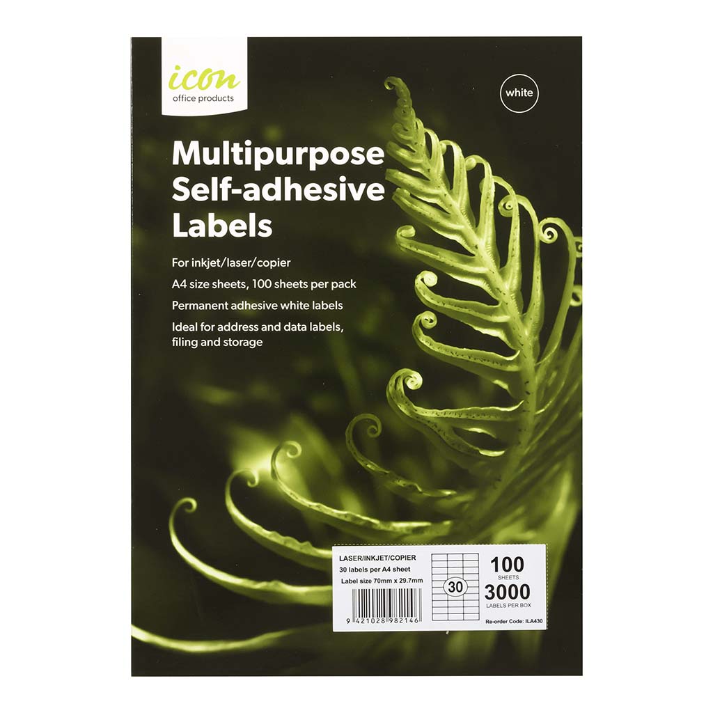 Icon Multipurpose Labels 30 Per Sheet 70x29.7mm, Pack of 100