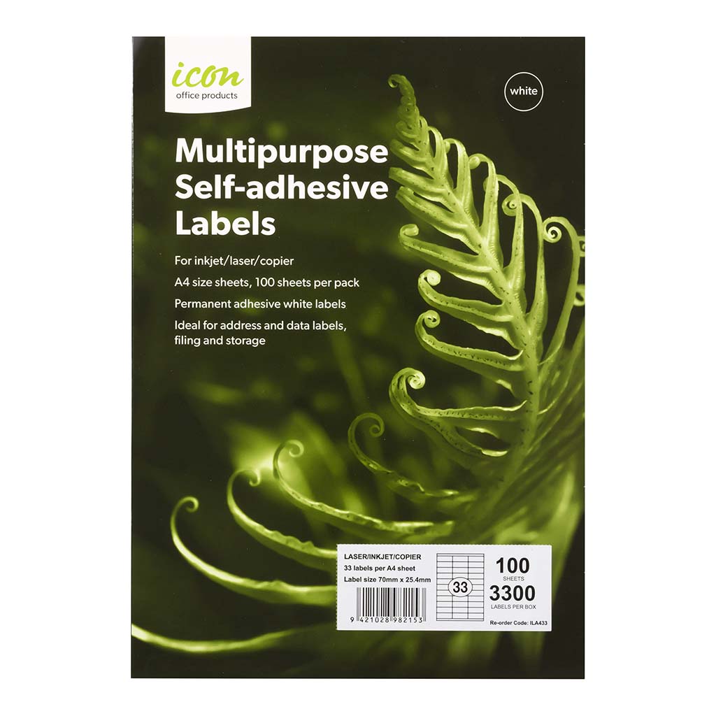 Icon Multipurpose Labels 33 Per Sheet 70x25.4mm, Pack of 100