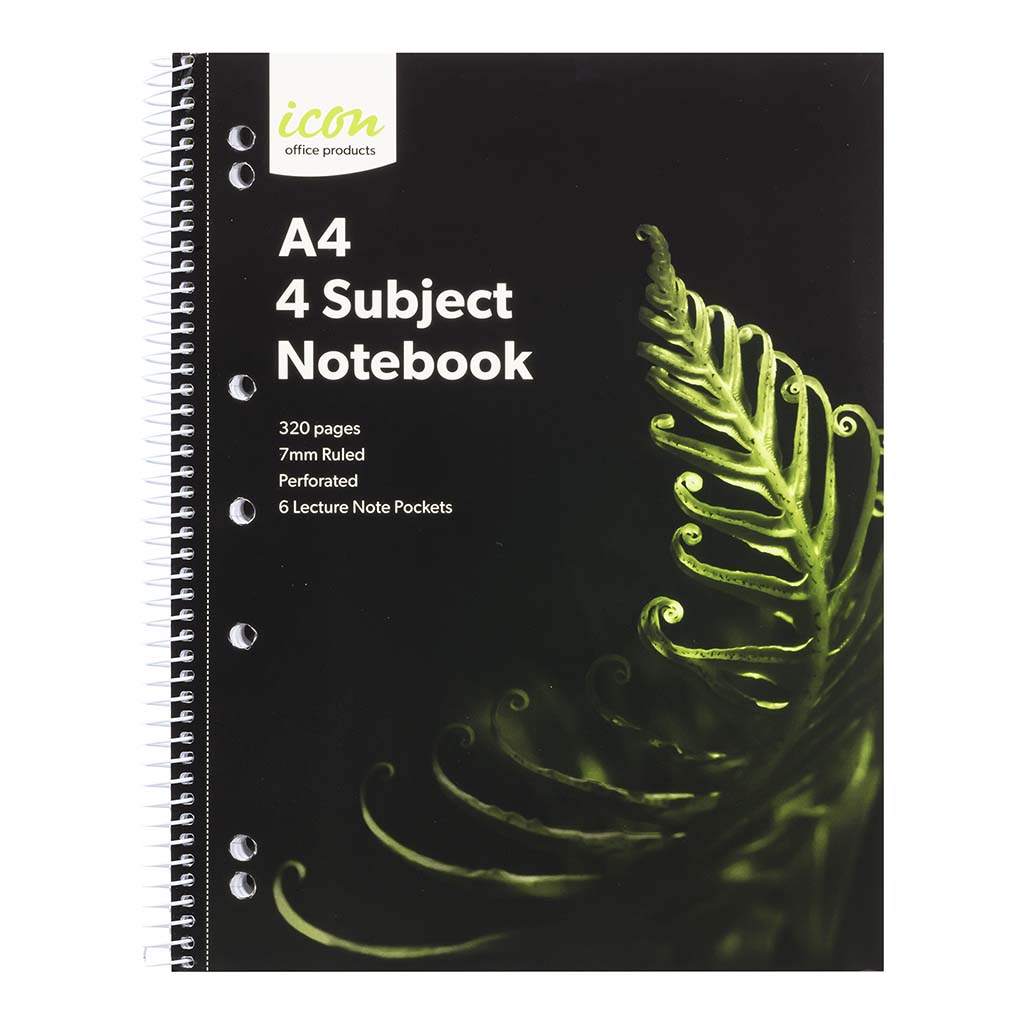 Icon Spiral 4 Subject Notebook A4 Soft Cover 320pg